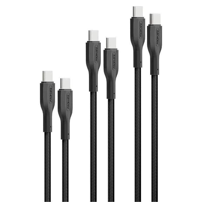 Promate 60W Power Delivery 3Pcs High Tensile Strength USB-C Cable Kit - Black