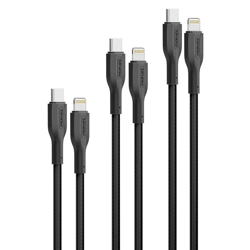 Promate 27W Power Delivery 3Pcs High Tensile Strength USB-C to Lightning Cable Kit  - Black