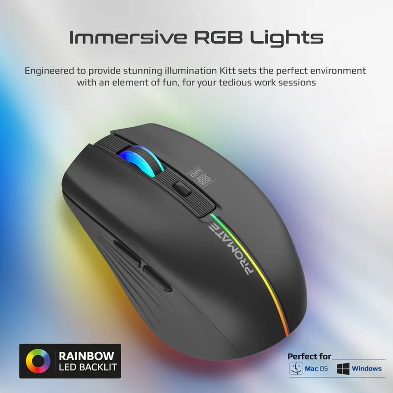 Promate 2.4GHz Wireless Ergonomic Optical Mouse with LED Rainbow Lights - Black