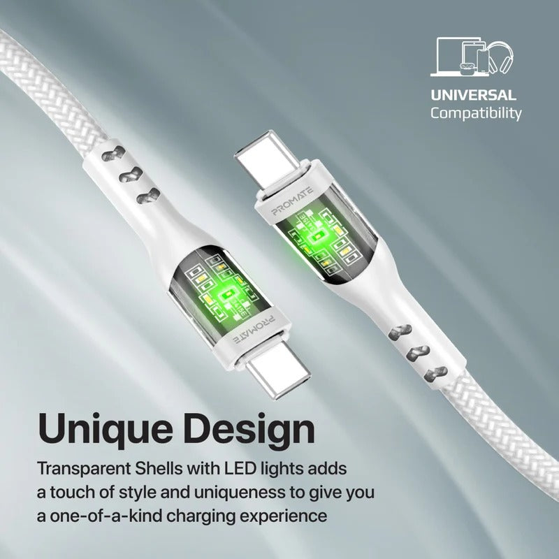 Promate TransLine-CC 60W Power Delivery Ultra-Fast USB-C Cable with Transparent Shells 1.2 Meter - White