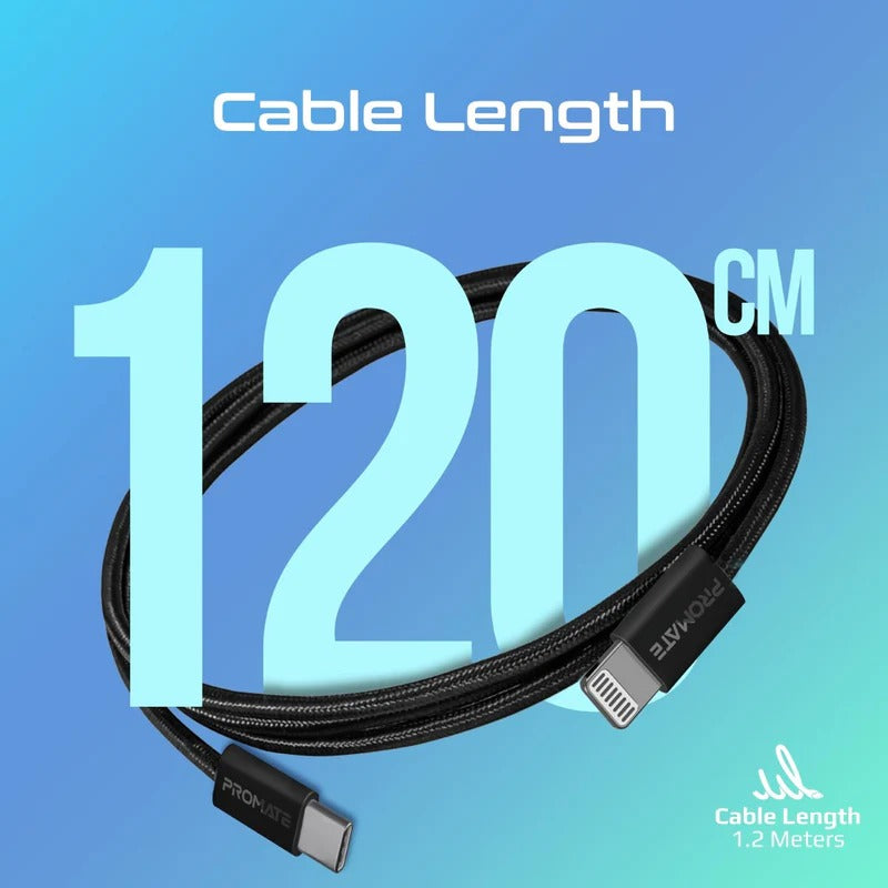 Promate EcoLine-Ci120 Super-Fast 27W Power Delivery USB-C to Lightning Fabric Braided Cable 1.2 Meters- Black