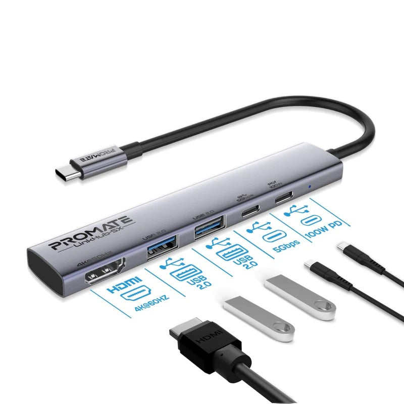 Promate 4K@60Hz Multi-function High Speed USB-C Hub with 100W Power Delivery - Grey
