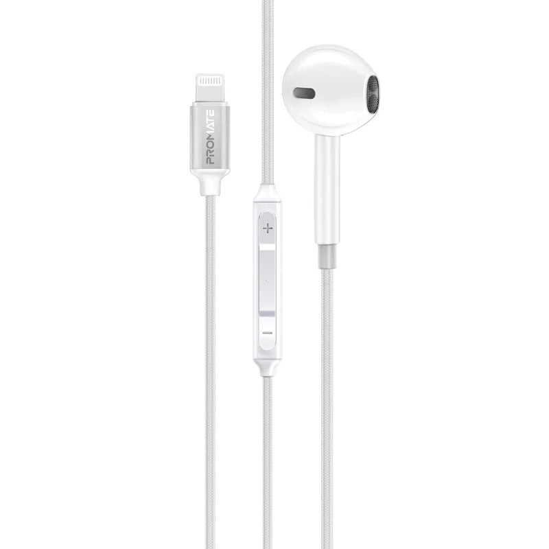 Promate MFI Certified Ergonomic In-Ear Wired Mono Earphone with Lightning Connector  - White