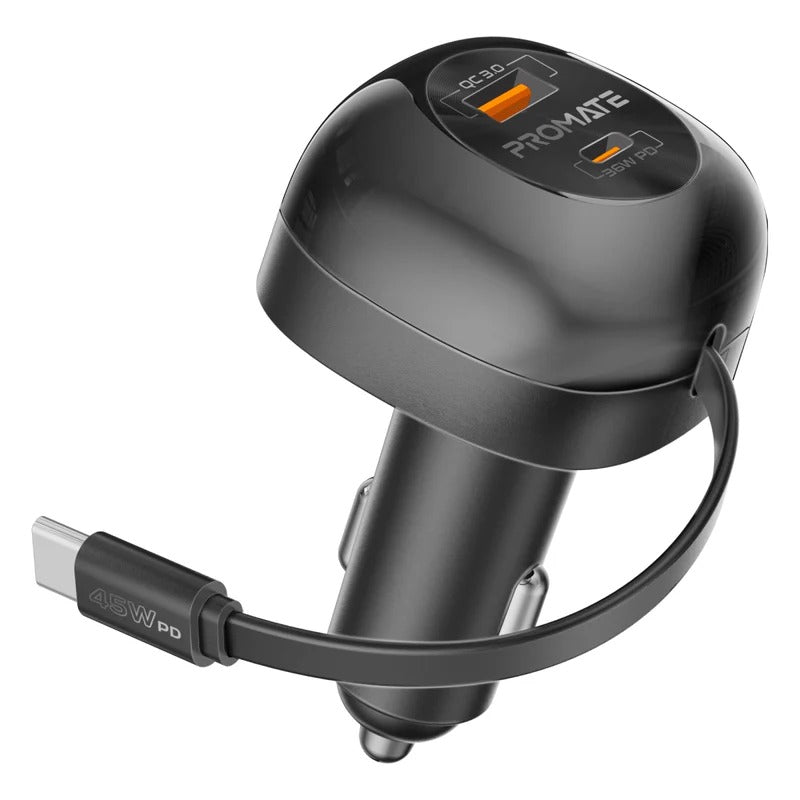 Promate 62W Multi-Port Car Charger with Retractable USB-C Cable - BLACK