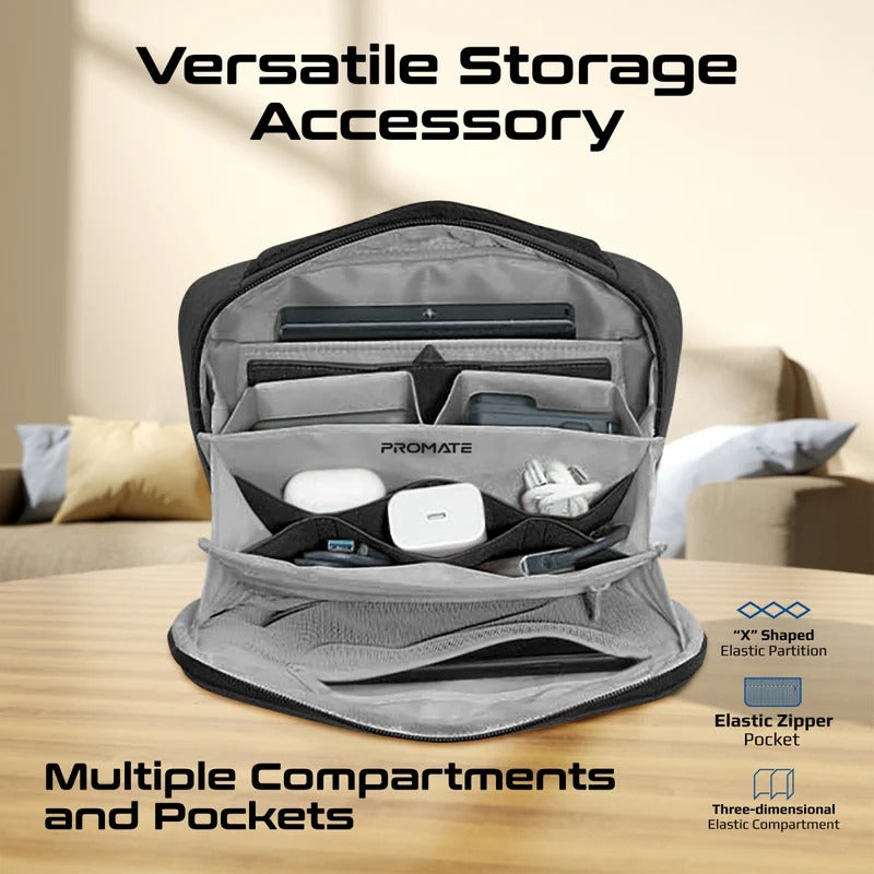 Promate Versatile Tech Essential Organizer Pouch Bag with Multiple Pockets - Black