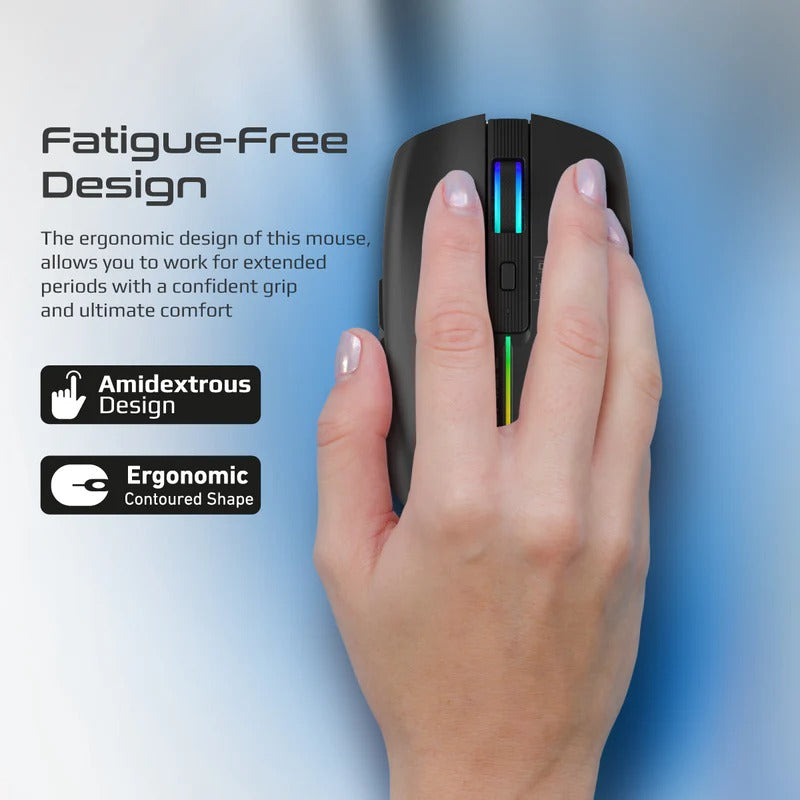 Promate 2.4GHz Wireless Ergonomic Optical Mouse with LED Rainbow Lights - Black