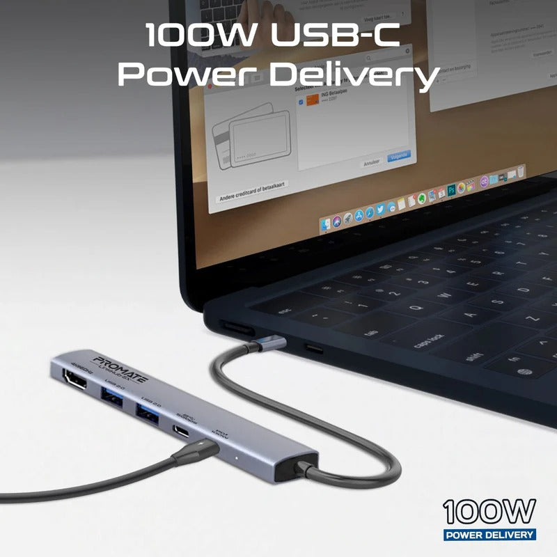 Promate 4K@60Hz Multi-function High Speed USB-C Hub with 100W Power Delivery - Grey