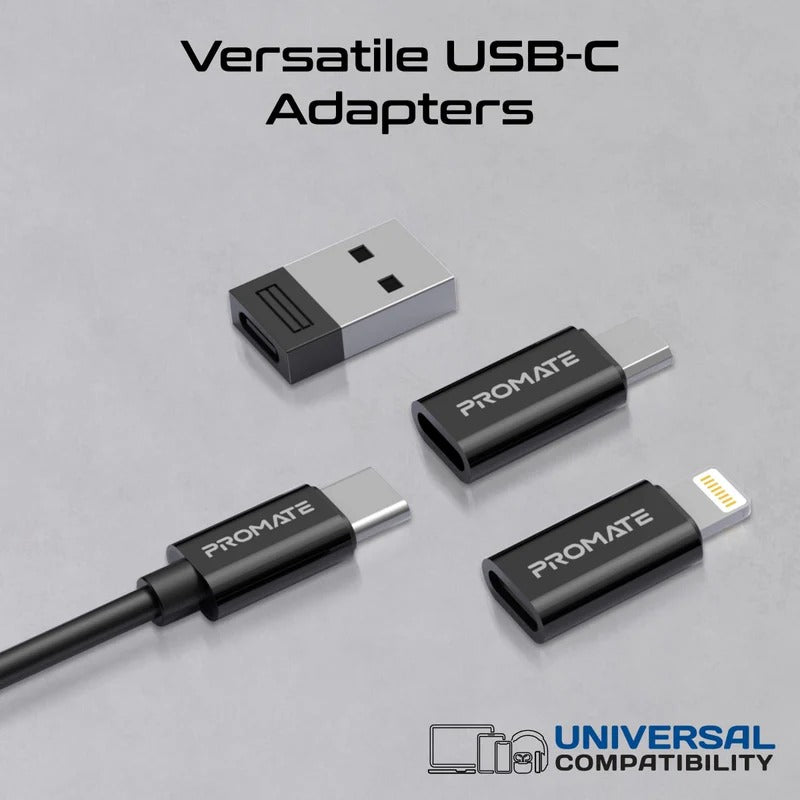 Promate Compact All in 1 Charging Cable and Travel Kit  USB-C to Lightning, USB-A, Micro-USB Adaptors - Black