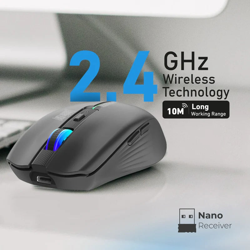 Promate 2.4GHz Wireless Ergonomic Optical Mouse with LED Rainbow Lights - Black