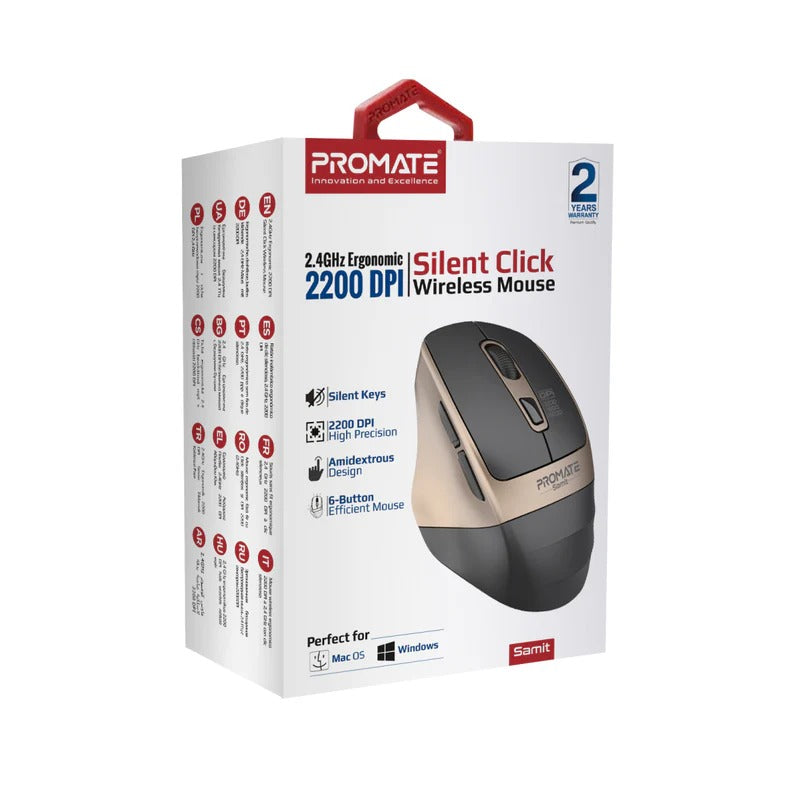 Promate Samit 2.4GHz Ergonomic 2200 DPI Silent Click Wireless Mouse - Gold