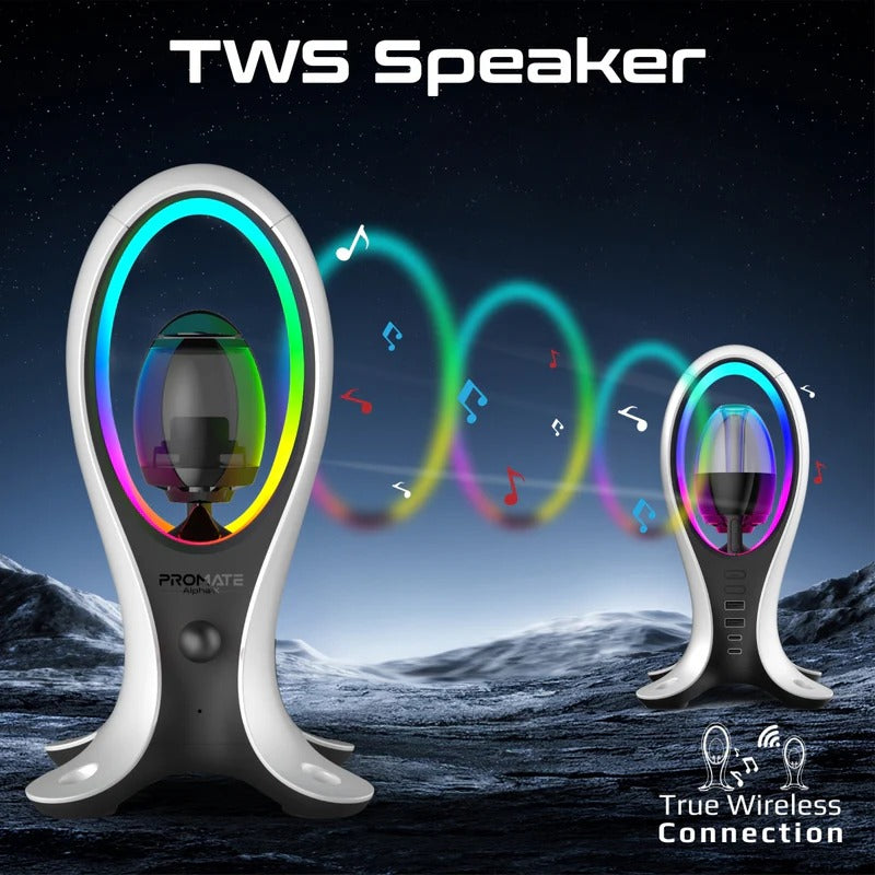 Promate 5W Dynamic High Fidelity Dual Mode RGB Speaker w/ Headphone Stand & USB Hub - White