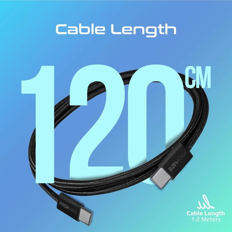 Promate EcoLine-CC120 Ultra-Fast 60W Power Delivery USB-C Fabric Braided Cable 60W, 1.2 Meter - Black
