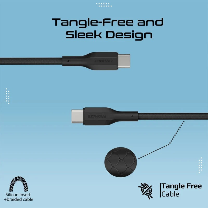 Promate 60W Power Delivery 3Pcs High Tensile Strength USB-C Cable Kit - Black