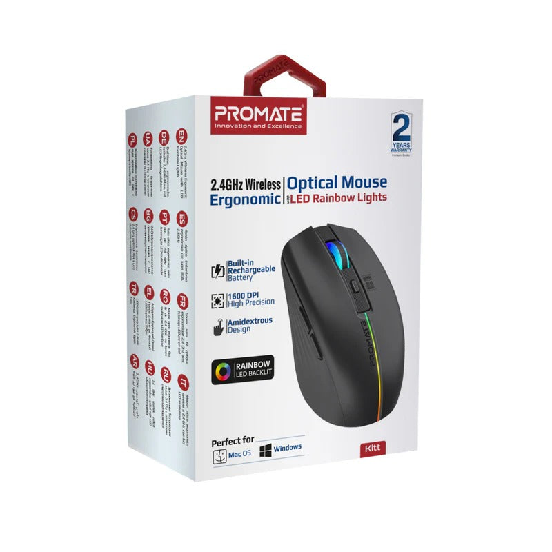 Promate 2.4GHz Wireless Ergonomic Optical Mouse with LED Rainbow Lights - Black