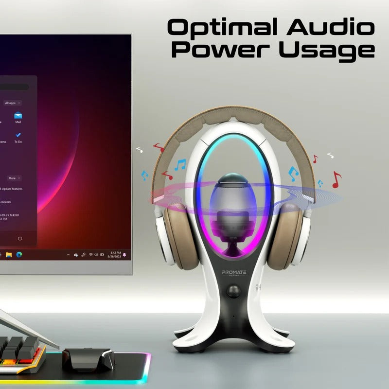 Promate 5W Dynamic High Fidelity Dual Mode RGB Speaker w/ Headphone Stand & USB Hub - White
