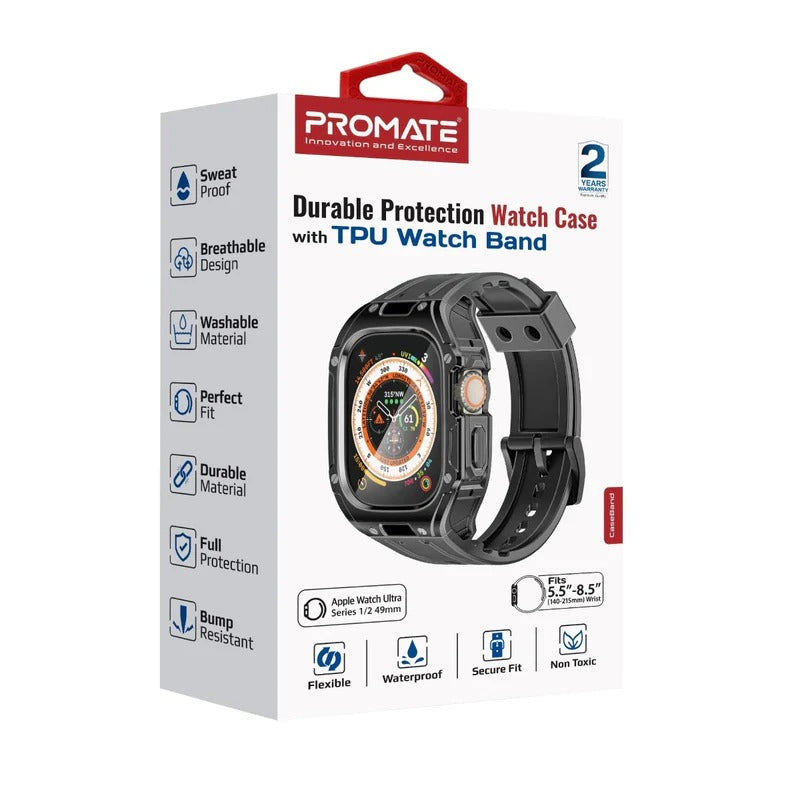 Promate Durable Protection Watch Case with TPU Watch Band For Apple Watch Series Ultra 1 and 2  Made from Durable TPU and PC materials and corrosion Resistant 316 Stainless Steel Buckle