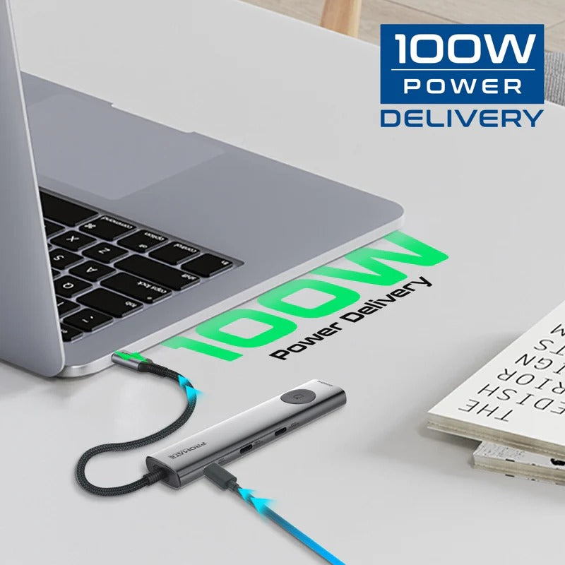 Promate 4K@60Hz Multi-Function High Speed USB-C Hub w/ Screen Privacy Button  - Grey