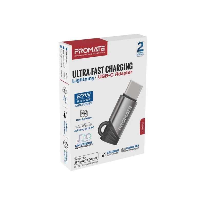 Promate Ultra-Fast Charging Lightning to USB-C Adapter - GREY