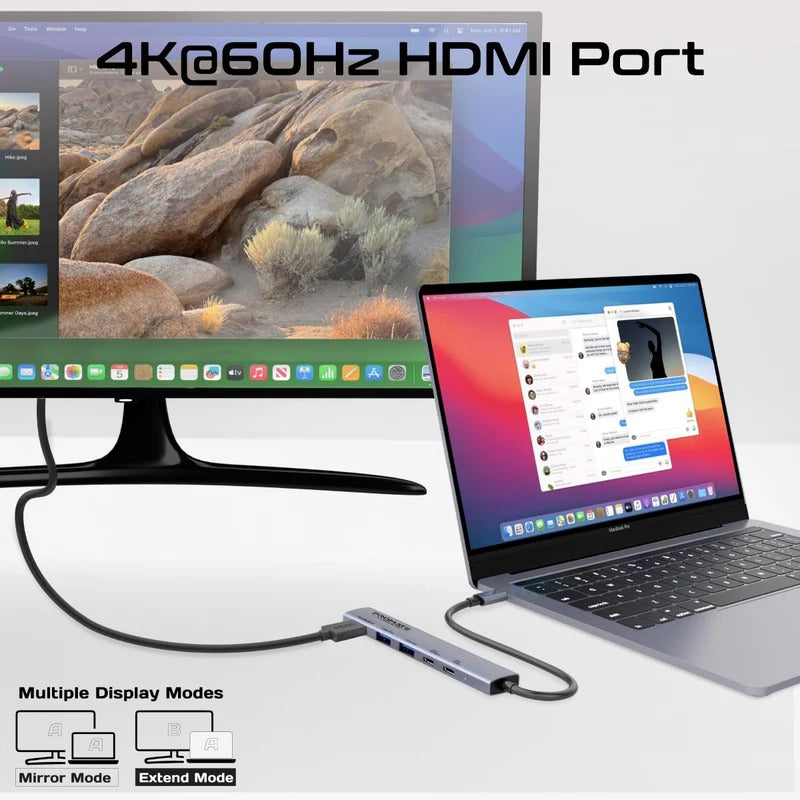 Promate 4K@60Hz Multi-function High Speed USB-C Hub with 100W Power Delivery - Grey