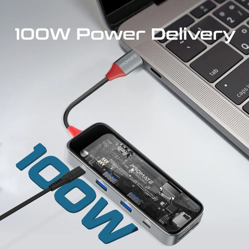 Promate 8-in 1 Transparent Ultra-Fast Multiport USB-C Hub with 100W Power Delivery - Trans