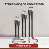 Promate 60W Power Delivery 3Pcs High Tensile Strength USB-C Cable Kit - Black