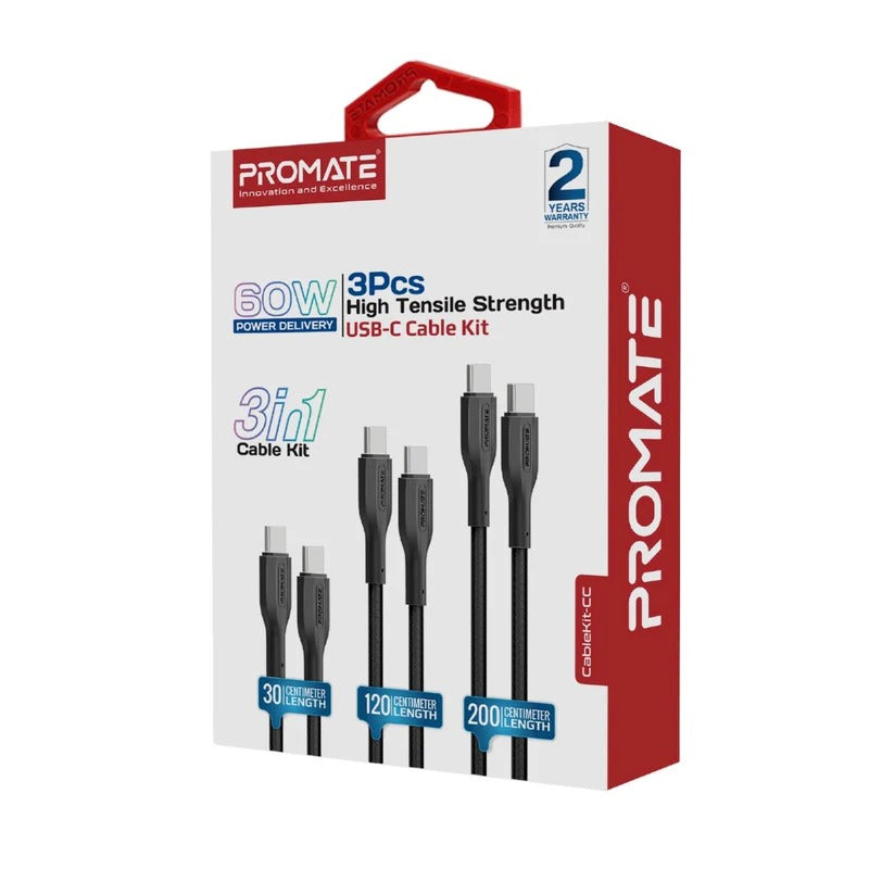 Promate 60W Power Delivery 3Pcs High Tensile Strength USB-C Cable Kit - Black