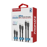 Promate 27W Power Delivery 3Pcs High Tensile Strength USB-C to Lightning Cable Kit  - Black