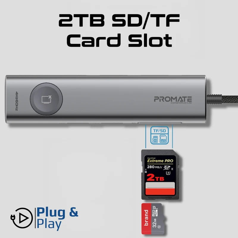 Promate 4K@60Hz Multi-Function High Speed USB-C Hub w/ Screen Privacy Button  - Grey