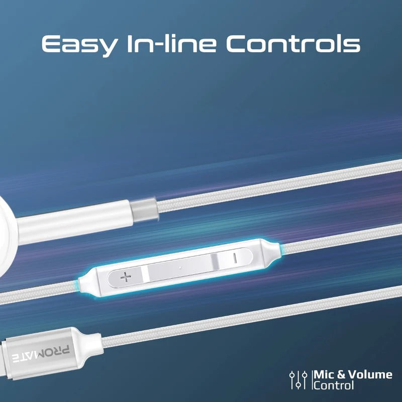 Promate MFI Certified Ergonomic In-Ear Wired Mono Earphone with Lightning Connector  - White