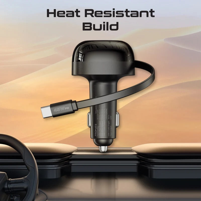 Promate 62W Multi-Port Car Charger with Retractable USB-C Cable - BLACK
