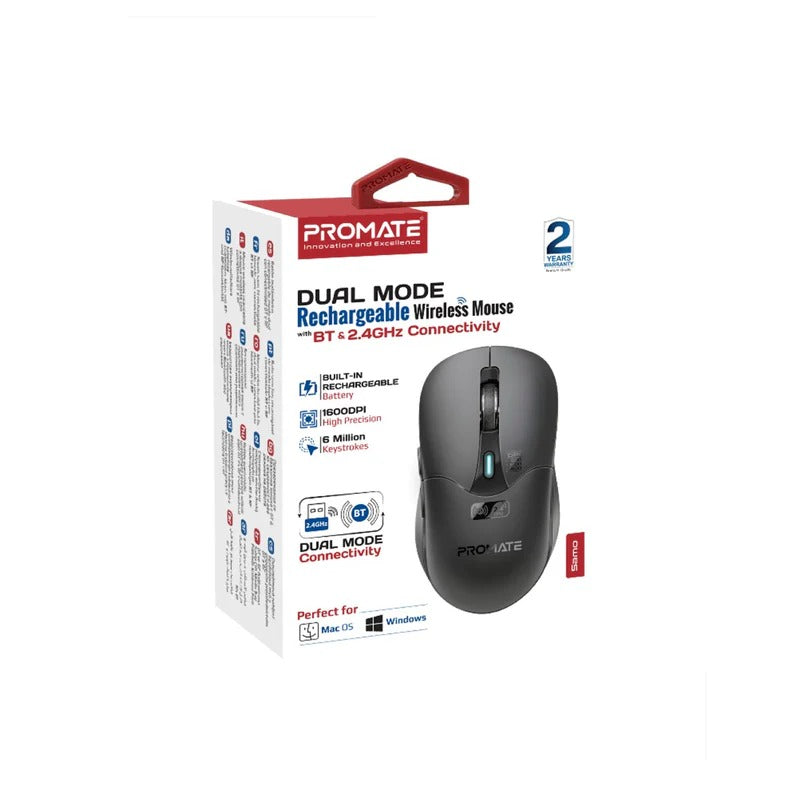 Promate Dual Mode Rechargeable Wireless Mouse with BT & RF Connectivity - Black