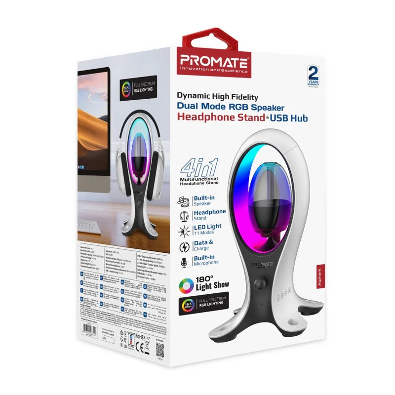 Promate 5W Dynamic High Fidelity Dual Mode RGB Speaker w/ Headphone Stand & USB Hub - White