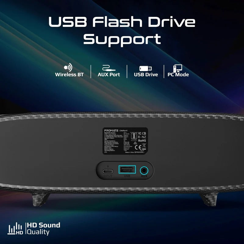 Promate 20W BassBoost Quad Speaker Wireless RGB Soundbar 30Hours Playback - Black