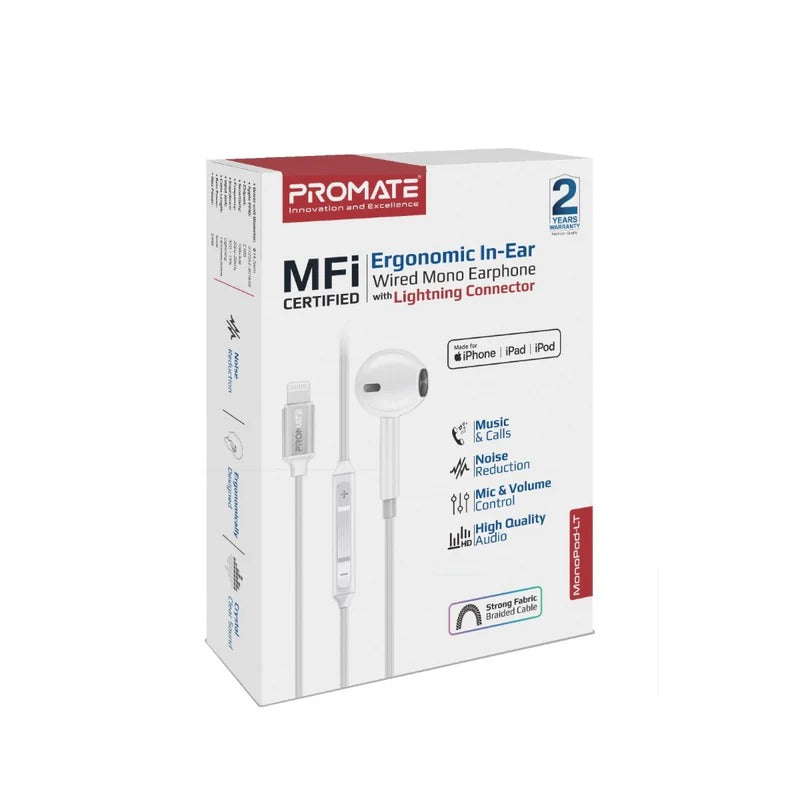 Promate MFI Certified Ergonomic In-Ear Wired Mono Earphone with Lightning Connector  - White