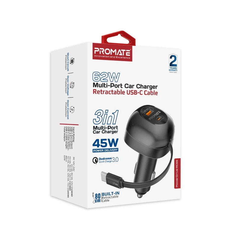 Promate 62W Multi-Port Car Charger with Retractable USB-C Cable - BLACK