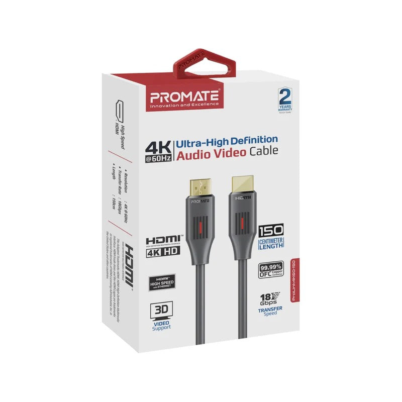 Promate Ultra-High Definition 4K@60Hz HDMI Audio Video Cable - 3 Meters