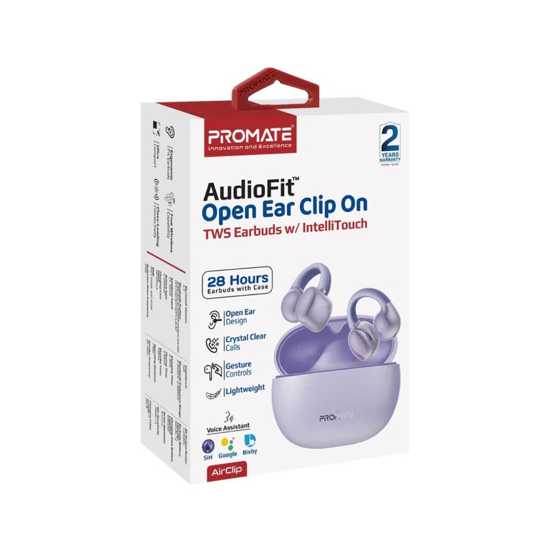 Promate AudioFit Open Ear Clip On TWS Earbuds w/ IntelliTouch - purple