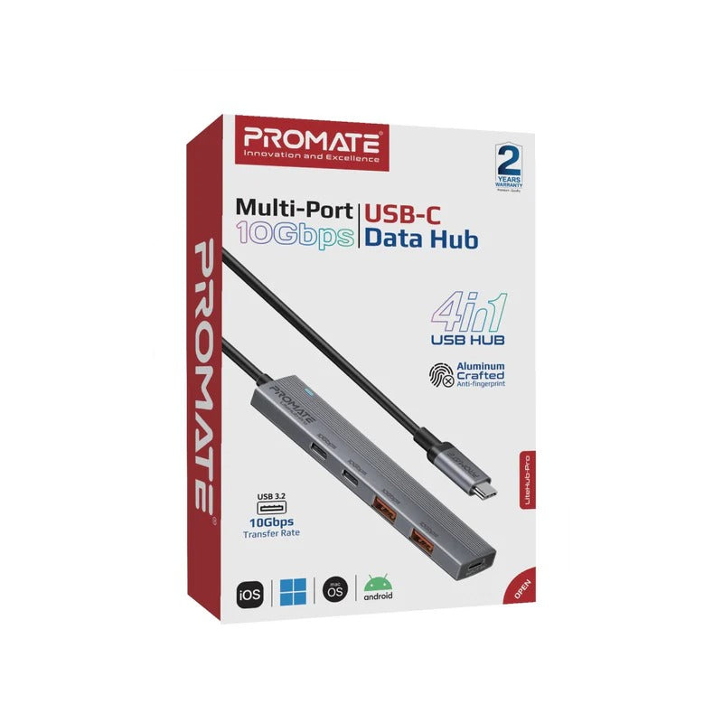 Promate Multi-Port 10Gbps USB-C Data Hub 2 x USB-A 10Gbps ports - Grey