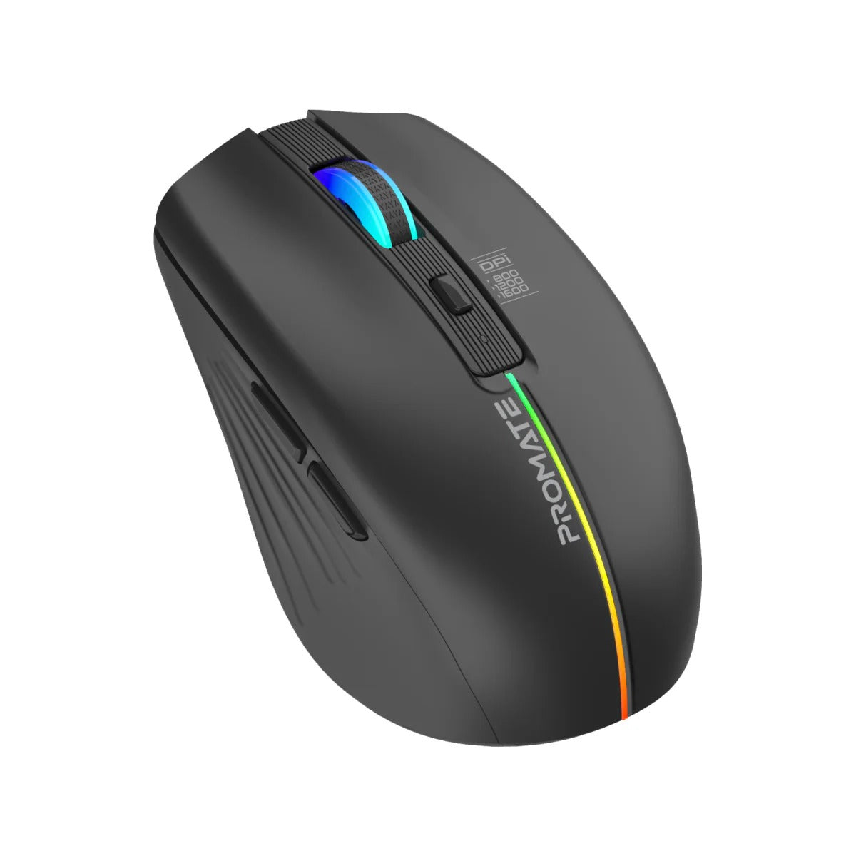 Promate 2.4GHz Wireless Ergonomic Optical Mouse with LED Rainbow Lights - Black