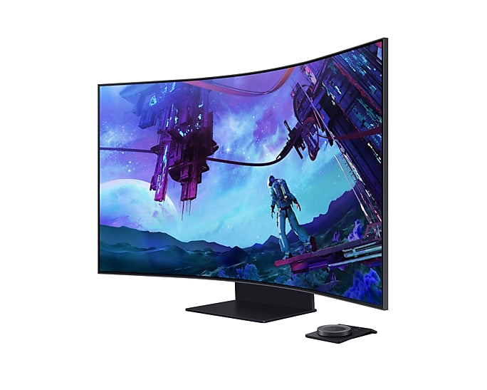 سامسونج اوديسي ارك شاشة العاب منحنية  موديل G97NC, حجم 55 انش , دقة 4K UHD 3840 x 2160, معدل تحديث 165 هيرتز, سرعة استجابة 1 ملي ثانية, يدعم HDMI 2.1, FreeSync Premium Pro بعرض خاص يشمل جهاز بلايستيشن 5 نسخة السي دي بذراعين مجانا