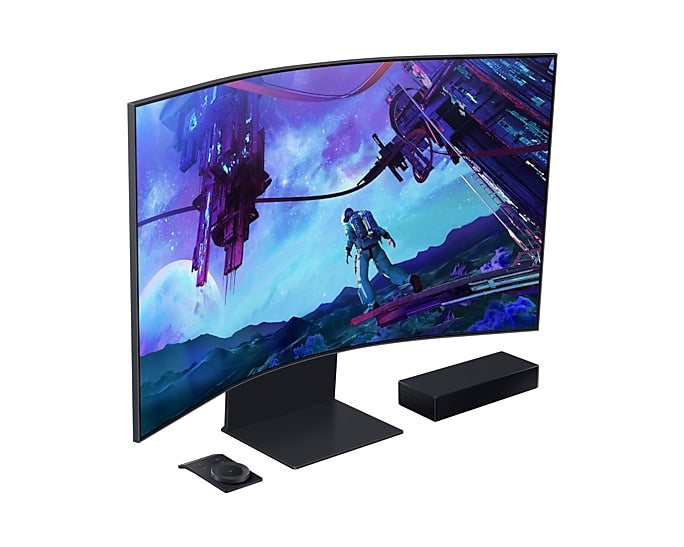 سامسونج اوديسي ارك شاشة العاب منحنية  موديل G97NC, حجم 55 انش , دقة 4K UHD 3840 x 2160, معدل تحديث 165 هيرتز, سرعة استجابة 1 ملي ثانية, يدعم HDMI 2.1, FreeSync Premium Pro بعرض خاص يشمل جهاز بلايستيشن 5 نسخة السي دي بذراعين مجانا
