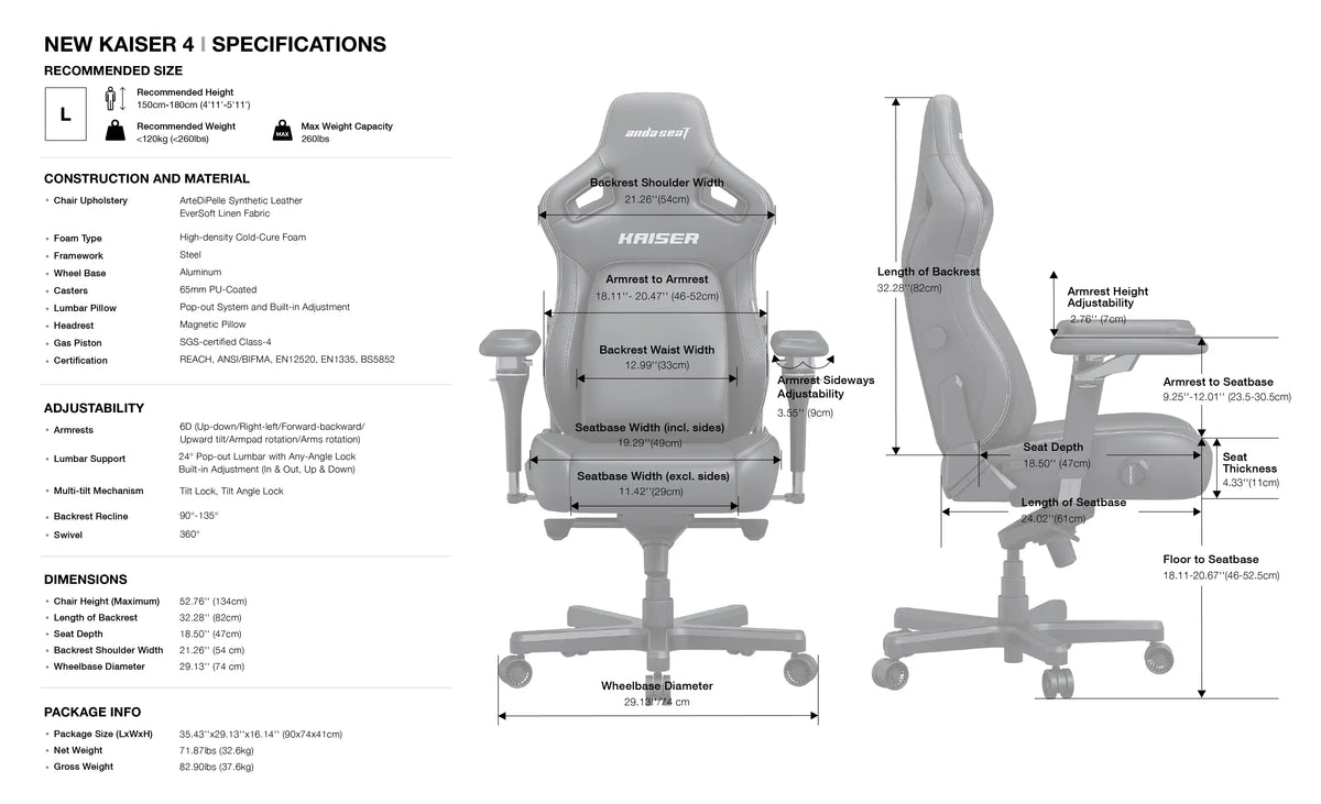 AndaSeat New Kaiser 4 6D Armrest Large Fabric Gaming Chair - Grey