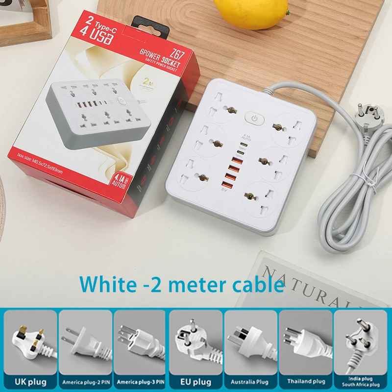 Z67 6 power socket 6 USB ports with TYPE-C 5V4.1A Charger power- White