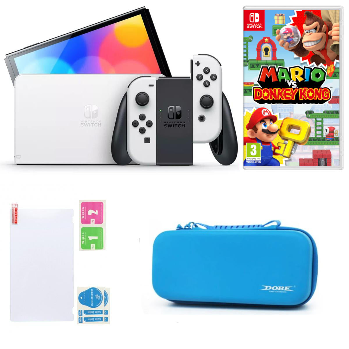 Bundle Nintendo Switch OLED white with Mario Vs DK game with protection storage kit & Screen Glass