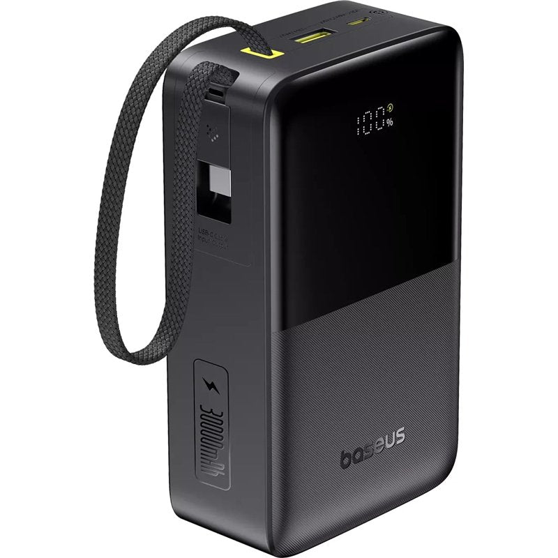 بنك طاقة Baseus EnerFill FC51 Bipow2 Pro بشاشة عرض رقمية وكابل مدمج، سعة 30000 مللي أمبير، قدرة 22.5 واط - أسود كوني