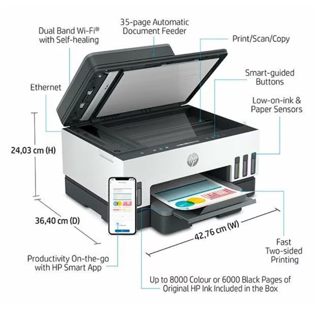 HP Smart Tank 750 AIO - 15ppm / 4800dpi / A4 / USB / LAN / Wi-Fi / Bluetooth / Color Inkjet - Printer / 6UU47A