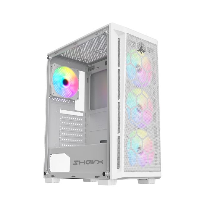 PC Case SHARX RAZORFIN ARGB - ATX PC Case With Front Mesh Panel, 4 x 120mm Pre-Installed Fans Model R-200,White