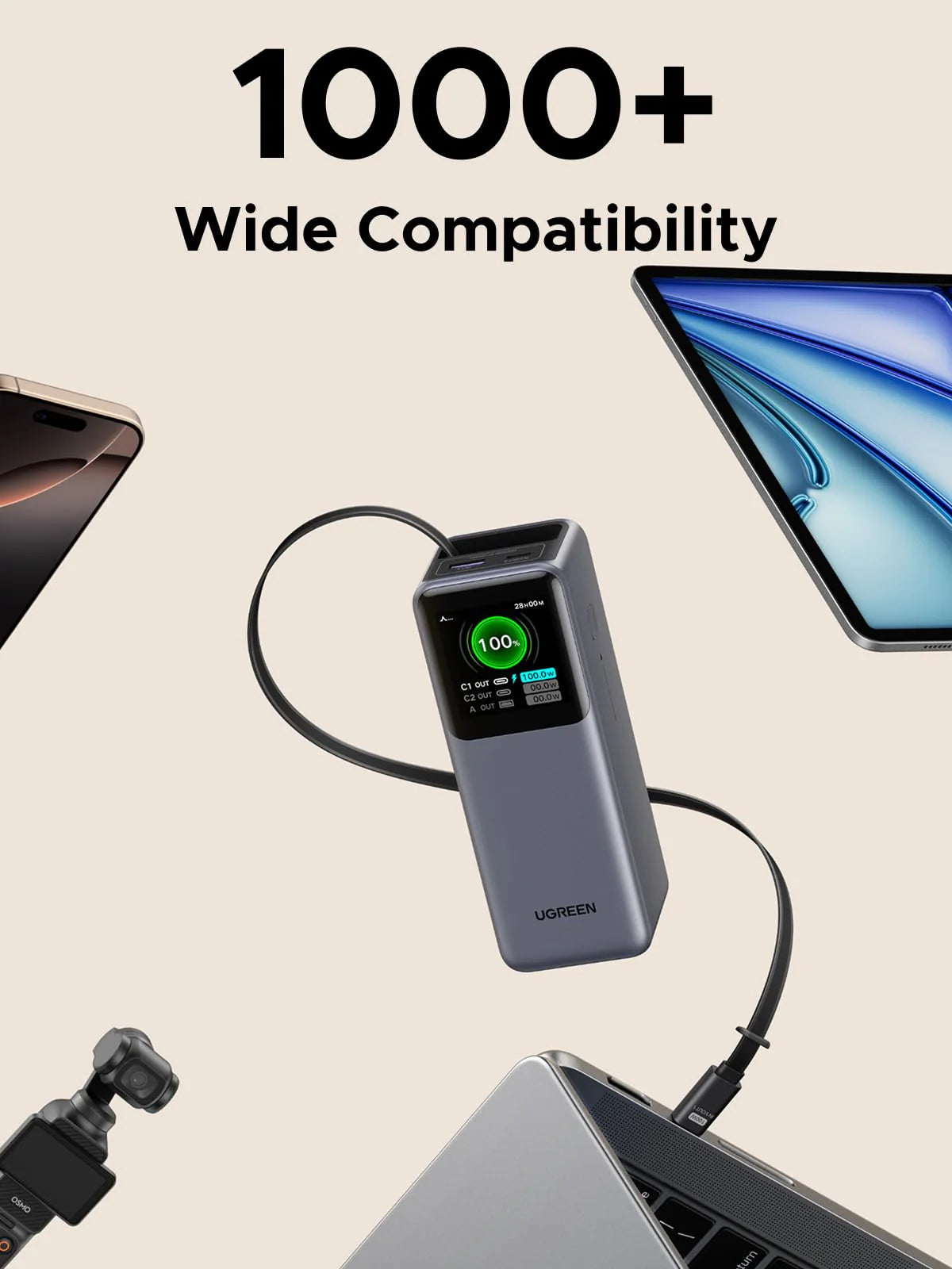 UGREEN Nexode Power Bank 20000mAh 165W with Retractable USB-C Cable - PB726