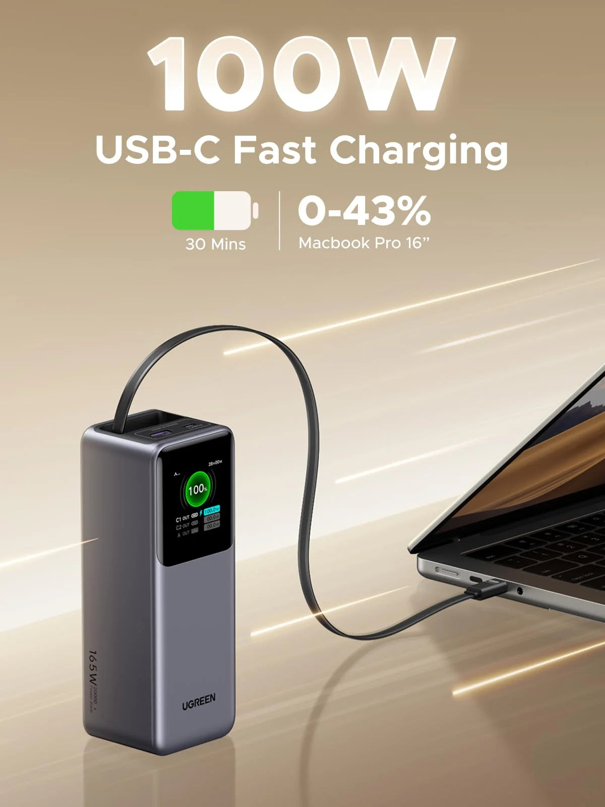 UGREEN Nexode Power Bank 20000mAh 165W with Retractable USB-C Cable - PB726