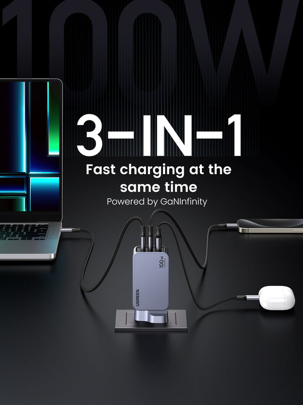 UGREEN Nexode Pro 100W 3-Port GaN Fast Charger Set+USB CC Cable  UK25875 Black